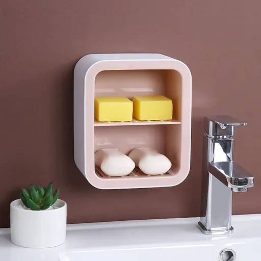 Wall Mount Soap Rack Drain Toilet Suction Disc Punch Free Box Student Dormitory Supplies Nordic 2 Layer Pink