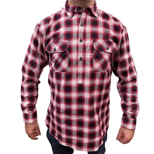 Mens Flannelette Long Sleeve Pullover Shirt 100% Cotton Flannel - Half Placket - Red/Navy