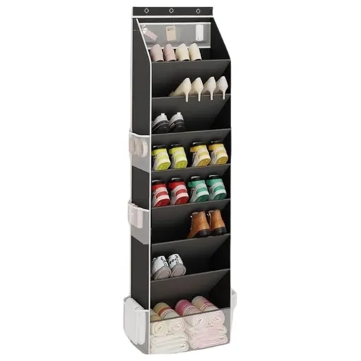 Black 8-Tier Over-the-Door Shoe Organizer with 7 Slanted & 1 Flat & 6 Side Pockets - Multi-Functional Wall Mount for Shoes, Bags and Towels