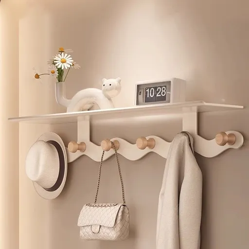 Wall Mounted Coat Rack with Shelf, 14 inches White Wood Floating Shelf for Entryway, Bathroom, Bedroom L