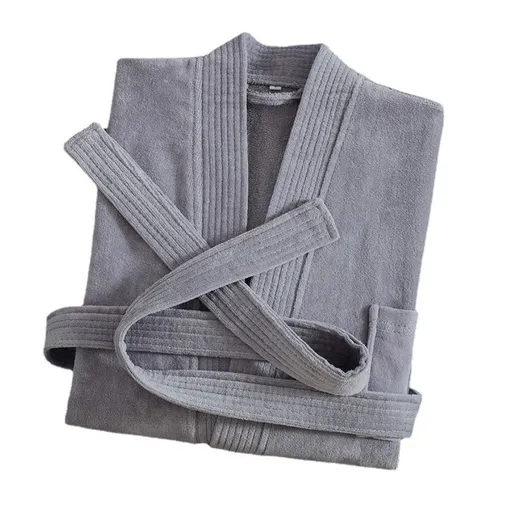 Grey Soft Absorbent 100% Cotton Terry Bathrobe - 120cm Long Adult Towel Robe with 140cm Chest, Overlapping Collar, Waist Belt and Pockets for Home Bath and Spa