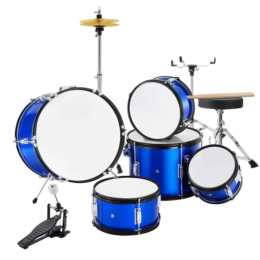 Kids Drum Set, 5-Piece, 406.4 mm Beginner Full Drum Set with Bass Toms Snare Floor Drum Adjustable Throne Cymbal Hi-Hat Pedal and Two Pairs of Drumsticks, Starter Drum Kit for Child Kids, Blue
