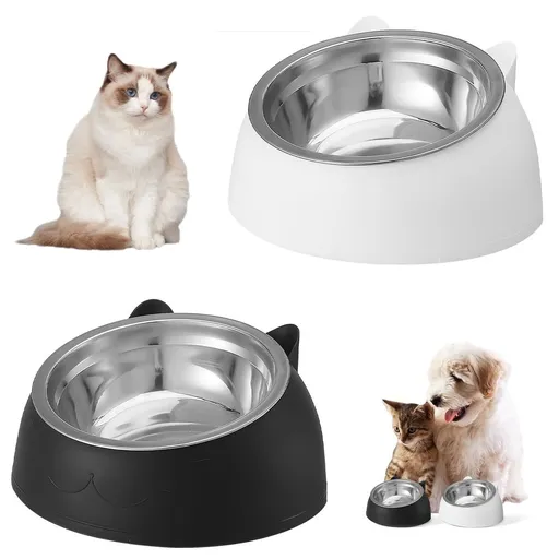 2PCS Tilted Pet Cat Bowls, Stainless Steel Puppy Cats Food Drink Water Feeder, with Non-slip Base Neck Protection Dish Bowl