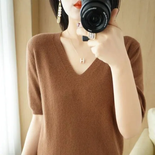 Women V Neck Knit Sweater Half Sleeve Pullover Coffee M Size: M; Height (cm): 160-165; Weight (kg): 50-55; Bust (cm): 86-90; Waist (cm): 70-74; Shoulder width (cm): 38; Length (cm): 60