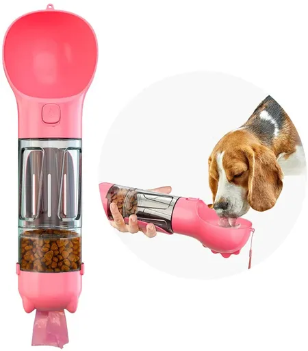 Portable 4in1 Dog Water Bottle with Food Storage, Poop Bag Dispenser and Scoop Size-300ml, Colour-Pink