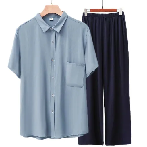 Men Rayon Short Sleeve Suit Set Summer Thin Casual Light blue top + navy blue trousers 4XL