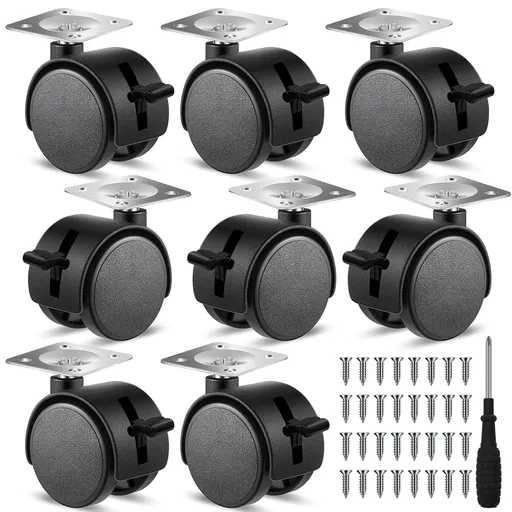 8 Pcs 1.5 Inch Plastic Furniture Wheels with Brake Swivel Replacement Wheels Small Nylon Plastic Casters for Rolling Cart Table Chair Cabinet, Black (Flat Style)
