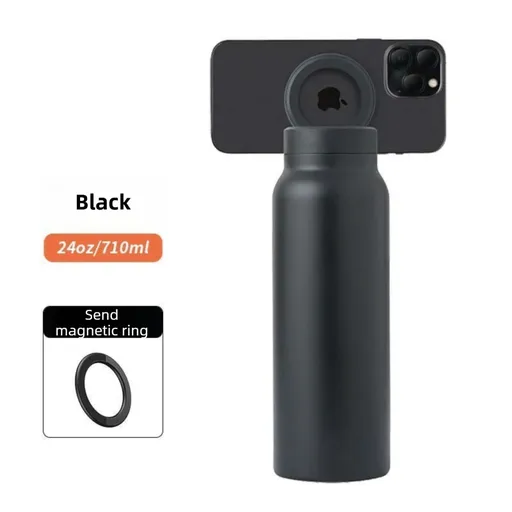 Black 24oz Stainless Steel Insulated Water Bottle With 90° Adjustable Vertical/Horizontal Magnetic Phone Holder - Ringo Style Magnetic Lid Sport Flask