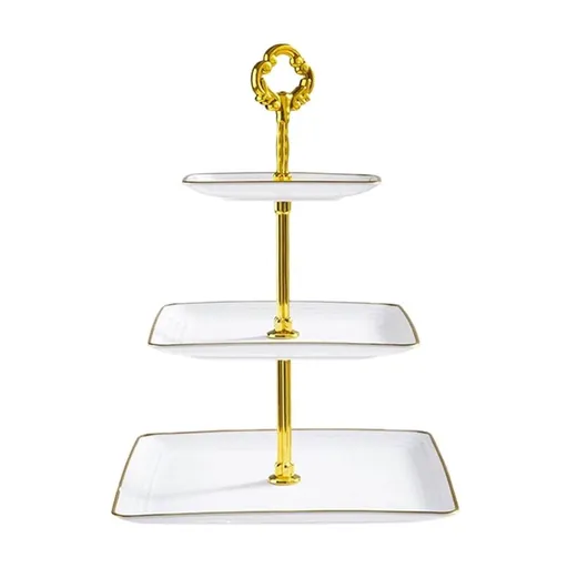 3-Tier Cupcake Stand Rectangular Serving Tray for Parties Weddings Baby Showers 25x25x33cm/9.8x9.8x13in Plastic Dessert Display Tower with Gold Bar