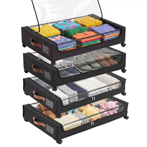 Artiss 4X Under Bed Storage Containers 48L Clothes Organiser Wheels Oxford Black