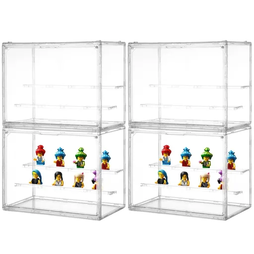 4PCS Action Figures Display Boxes, 3 Tiers Clear PET Display Cases with 2 Movable Plates, Display Storage Boxes with Door, Protective Display Cases for Action Figures