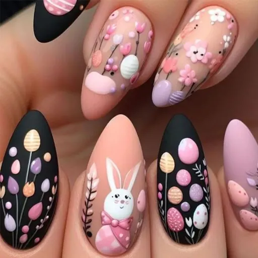 Pink Blue Easter nail art, 3D nail stickers, Easter-themed nails, high-quality nail art, cute Easter designs, bunny nail art, egg nail stickers, festive manicure, easy nail decorations