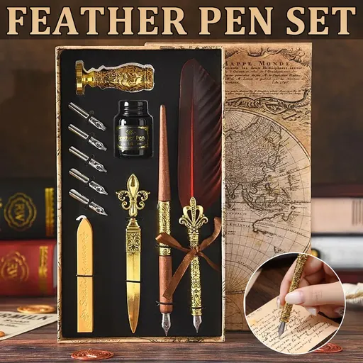 Vintage Calligraphy Quill Pen Set with Ink Wax Seal and Letter Opener Description