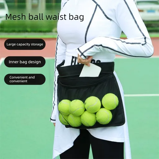 Black Mesh Ball Waist Bag - Large Capacity Portable Pickleball & Tennis Ball Carrier with Adjustable Belt & Inner Pocket - Lightweight Sports Storage Pouch for Training & Outdoor Play