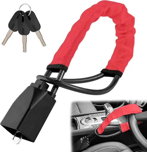 Car steering wheel lock for seat belts, Robust universal steering wheel lock, visibility car lock, Theft protection, 3 keys red, 72 cm