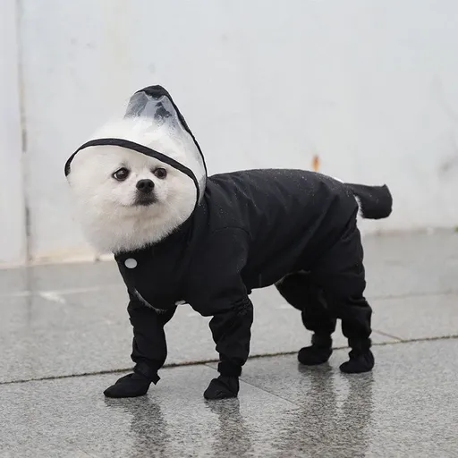 Black M size Full Coverage Pet Raincoat Jumpsuit Waterproof Dog Rain Suit with Attached Shoes and Tail Cover-Lightweight Hooded Dog Poncho for Small Dogs