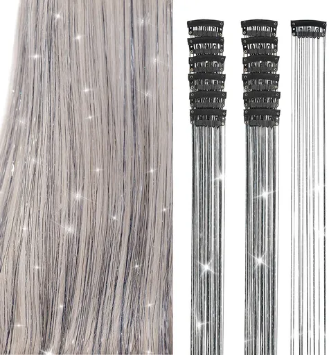Hair Tinsels - Festival Hair Extensions - Glitter Hair Extensions - 12-Piece Clip-On Hair Accessory Set - 52cm Long Glitter Hair Extensions, for Christmas and New Year, Glitter Hair Extensions, Suitable for Women, Girls and Children (Black)