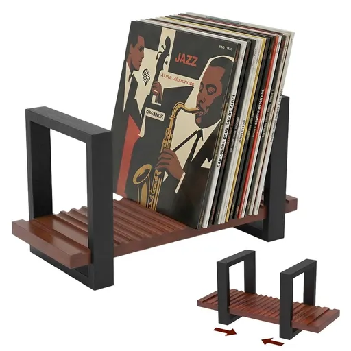 Expandable Vinyl Record Storage, Holds 17 LPs Modern Vintage Wood Record Organizer Display Stand for Desktop Living Room Bedroom