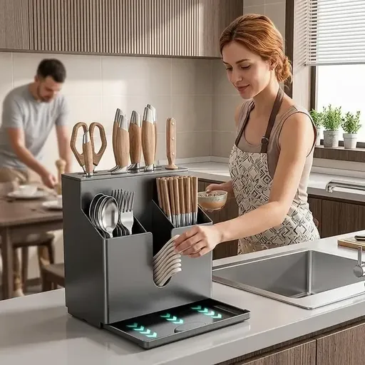 PP Plastic Wall-Mounted/Countertop Dual-Use Chopstick & Knife Holder: Multi-Functional Segregated Storage for Knives & Utensils, Water-Draining & Moisture-Proof with Drip Tray, Drill-Free & Easy to Install/gun grey