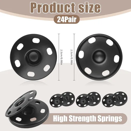 24Set 1Inch/25mm Large Sew-on Snap Buttons for Clothes - Sew on Snaps Sewing Snaps for Fabric - Metal Snaps Fasteners Press Studs Buttons for Sewing Clothing, Black