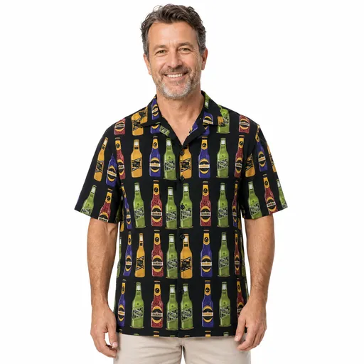 Mens Oahu Hawaiian Party Shirt Button Hippie Tops Short Sleeve Beach Holiday - Beer Bottles