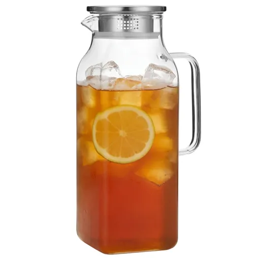 High Borosilicate Glass Water Pitcher, 68oz / 2L Square Carafe with Stainless Steel Lid, Heat Resistant Beverage Drinking Jug for Hot Cold Liquids, Home, Restaurant Use