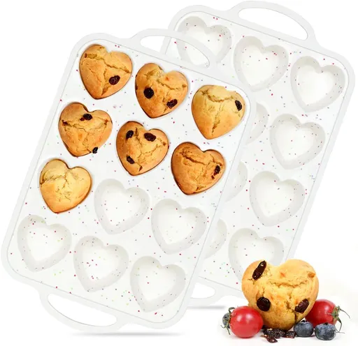 Heart Shaped Silicone Muffin Pan, Metal Reinforced Frame 12 Cups Molds for Valentine's Day Baking Muffins, Cupcakes, Tartlets, Egg Bites, Chocolate Muffin, Soaps 2 Pack Creamy: Confetti -