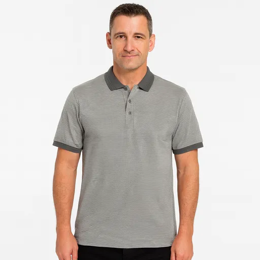 Short Sleeve Polo Shirt Top Short Sleeve Quality Loose Fit Adults Striped - Charcoal/Light Grey - M