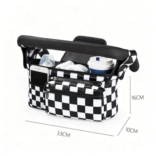 Multifunctional Stroller Organizer Bag – Universal Hanging Storage Pouch with Insulated Bottle Holder, Detachable Pouch, and Adjustable Straps, Doubles as a Crossbody Diaper Bag for On-the-Go Convenience (Black-White Checkered)
