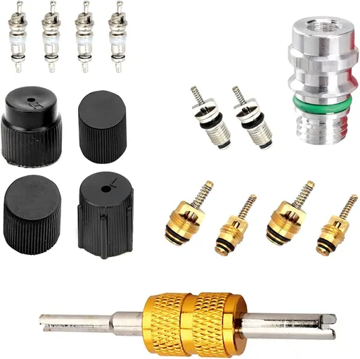 16 PCS Air Conditioning Valve Core Kit, R134A R12 Sealed Refrigeration Air Conditioner Repair Valve, HVAC AC System Port Protective Cover Set (Black)
