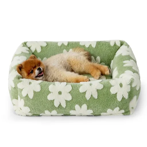 50x48x15 CM Cute Square Plush Pet Bed with Removable Cover & 5 Bolsters Support - Green Daisies Machine Washable Calming Dog & Cat Sofa