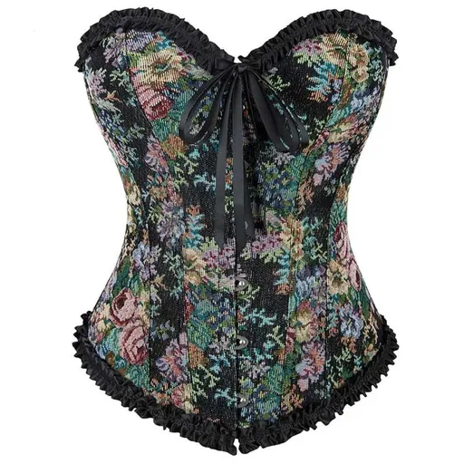 House Of Dasein Rose Print Denim Jeans Corset Black Burlesque Renaissance Vintage - L
