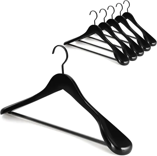 TOPIA HANGER Black Wooden Coat Hanger 6 Pack, Wide Shoulder Wood Suit Hangers with Extra-Thick Flat Hooks & Anti-Slip Pants Bar, Heavy Duty Clothes Hangers,Glossy Finish, Black-CT02H