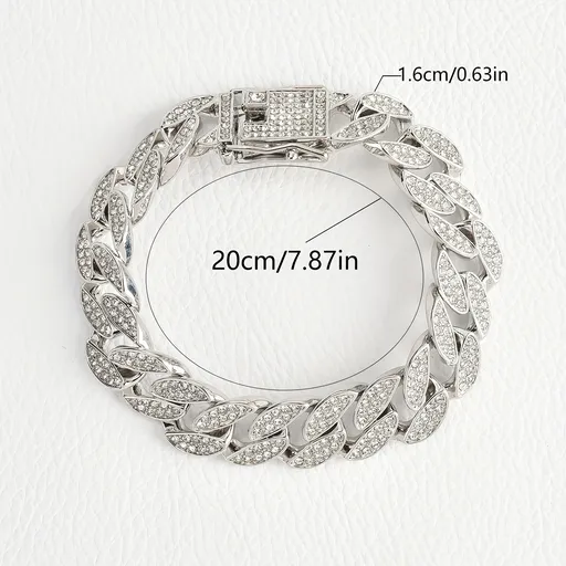 Silver 16mm Iced Out Cuban Link Bracelet - Heavy Paved Rhinestone Hip Hop Chain for Men