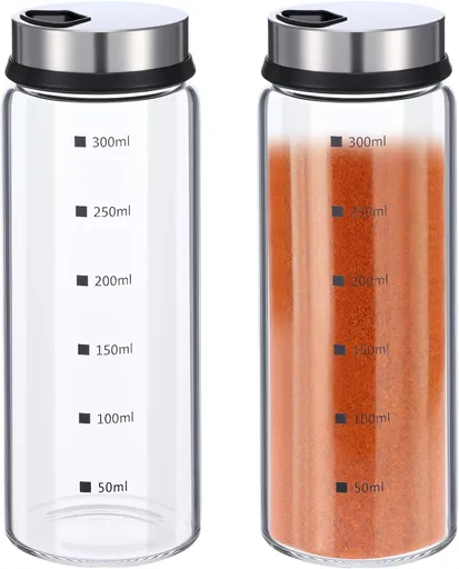2 Pack Large Salt and Pepper Shakers, Glass Salt and Pepper Shakers with Adjustable Pour Holes, Salt and Pepper Dispensers with Stainless Steel
