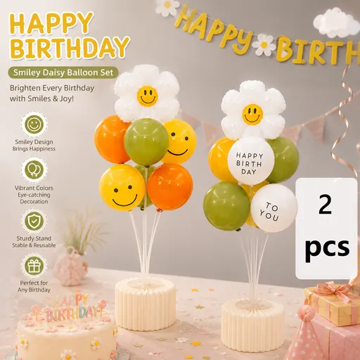 2 Pack Daisy Birthday Balloon Table Centerpiece Set（"Happy Birthday" letter style and pale Orange balloon style）, 10 Inch Latex Balloons with Smiley Flower Topper, Birthday Party Decoration for First Birthday & Celebration Events