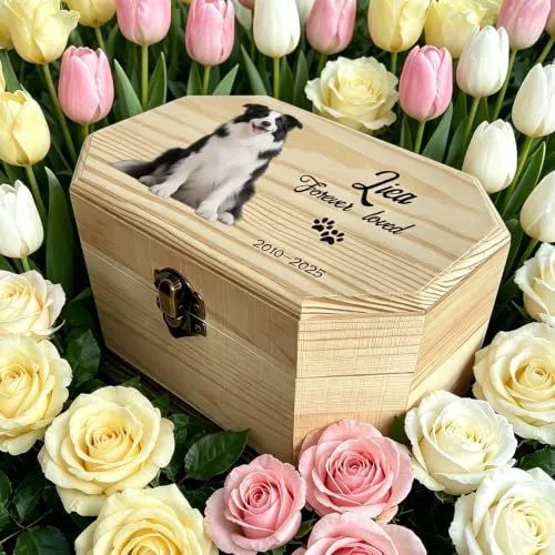 Personalized Wooden Pet Urn for Dog Cat Ashes, Custom Photo Engraved Memorial Keepsake Box with Name & Dates, Handmade Solid Wood Cremation Urn for Pet Loss Tribute - Wood - Size L