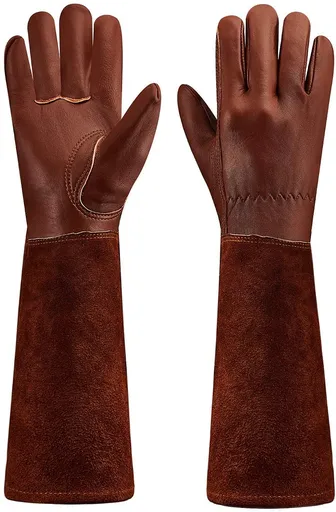 Long-Gardening-Gloves for Women/Men - Thorn Proof Cowhide Leather Rose/Blackberry Pruning Heavy Duty Gloves Thick Palm Gauntlet Garden Work Gloves with Forearm Protection (Brown-Small) XL Brown