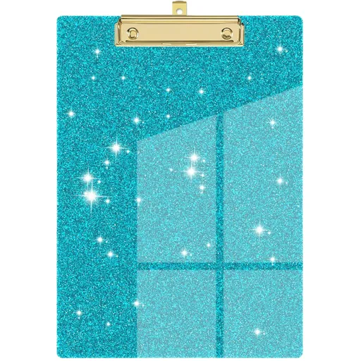 Acrylic Clipboard, Glitter A4 Board with Gold Clip for Classroom and Office Use, Writing Holder, Blue, 5.91 x 3.94 x 0.39 inches