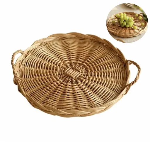 1 Pc Round Wicker Tray,Decorative Tray for Ottomans,Hand-Woven Platter for Snacks,Binaural Portable Tray,Bread Snack Fruit Tray