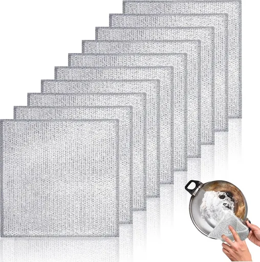Dishcloths - 10 Pieces - String Dishcloths - Dishcloths - Silver Thread Cloths - Cleaning Cloths - Scouring Pad - Reusable - Multifunctional - For Cleaning Pans, Stoves, Baking Trays, Ovens and Grills - For Stubborn Stains - 20x20cm
