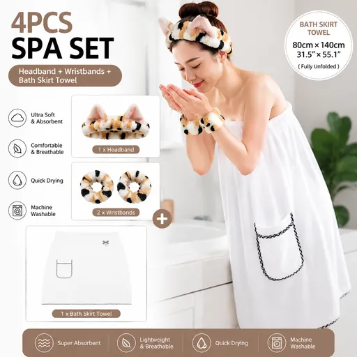 4PCS Spa Set Bath Wrap White bath towel Black and yellow stripes Cat Ear Headband Wristbands Coral Fleece Quick Dry Absorbent Skincare Shower Hair Wash Set Home Spa Gift
