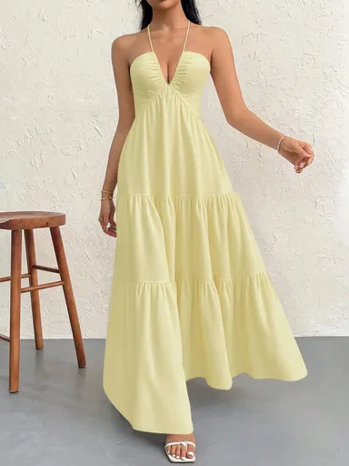 Apricot M Size Women's Elegant Halter Maxi Dress Summer Backless V-Neck Sleeveless Long Beach Resort Gown