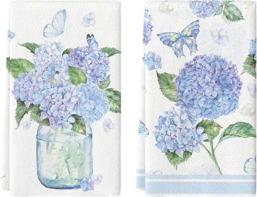 Hydrangea Vase Butterfly Spring Kitchen Towels Dish Towels, 18x26 Inch Summer Flowers Holiday Decoration Hand Towels Set of 2
