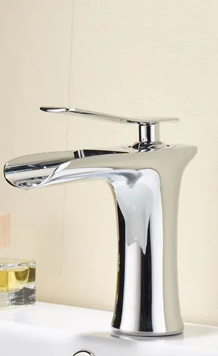 Basin Hot and Cold Water Faucet – Waterfall Spout, Antique Brushed Finish, Short Model, Vintage Bathroom Sink Mixer Tap - Silver - Size 135mm