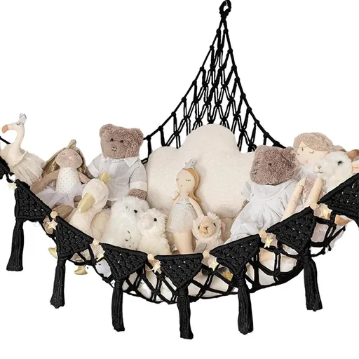 Stuffed Animal Hammock Corner Macrame Toy Storage Net with LED Lights - Black