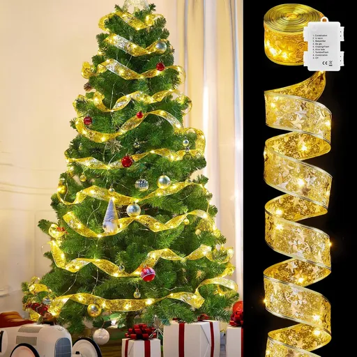 Christmas Tree Ribbon String Lights - 33ft 100 LED Battery Powered Fairy Lights with Timer and 8 Lighting Modes, Christmas Ribbon Bows Lights for 6ft - 8ft Christmas Tree New Year Decor, Gold