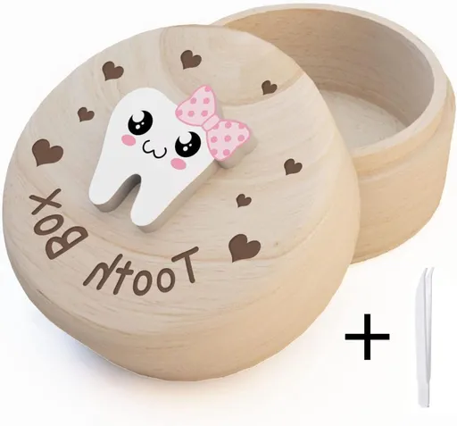 Tooth Fairy Box Natural Wooden Keepsake Tooth Storage Case With Lid And Mini Tweezers For Kids Baby Teeth Memory Gift, Pink Bow