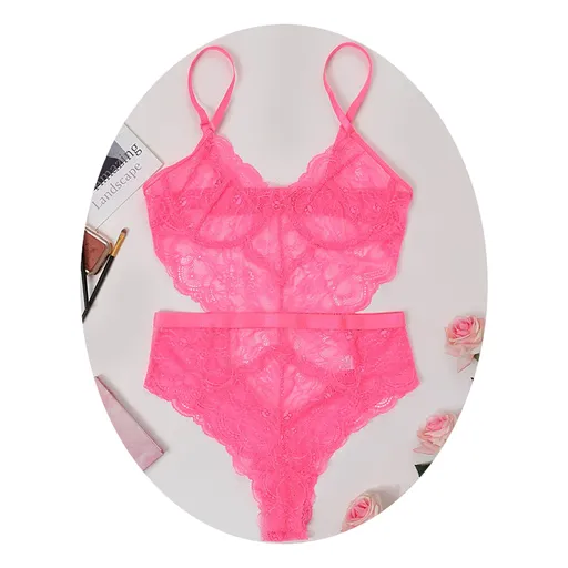Sexy Lace Sheer Floral Backless Bodysuit Open Crotch Teddy Lingerie Women - Neon Pink - L