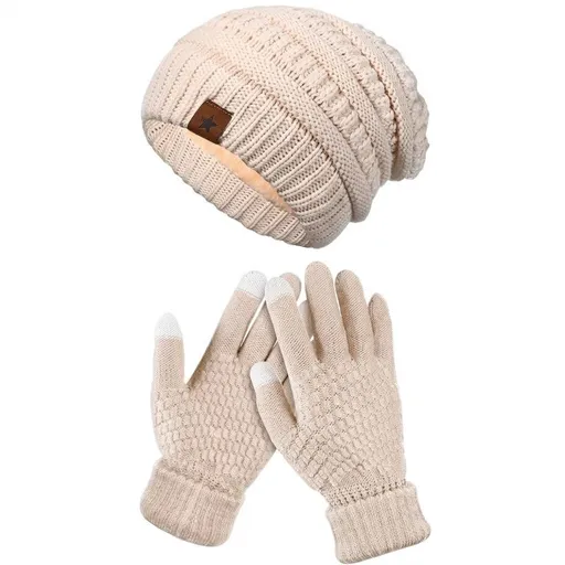 Beanie Touchscreen Gloves Set Fleece-Lined 2-Piece Women's Winter Knit Beige